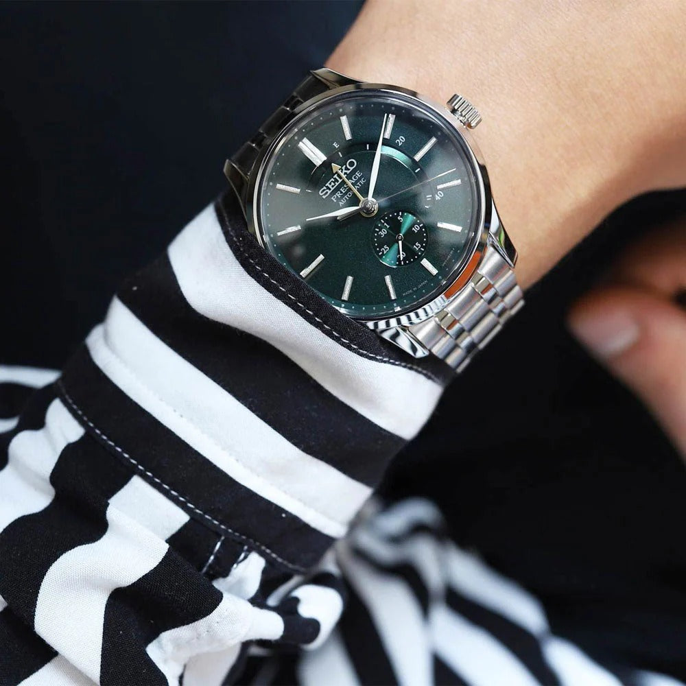 SEIKO PRESAGE ZEN GARDEN AUTOMATIC WATCH – 42MM GREEN LEAF PATTERN DIAL SAPPHIRE CRYSTAL POWER RESERVE STEEL BRACELET
