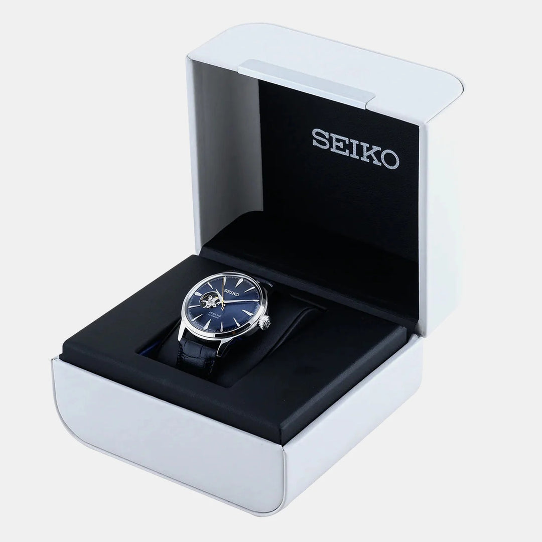 SEIKO PRESAGE COCKTAIL TIME BLUE MOON OPEN HEART AUTOMATIC WATCH – 40.5MM BLUE DIAL LEATHER STRAP
