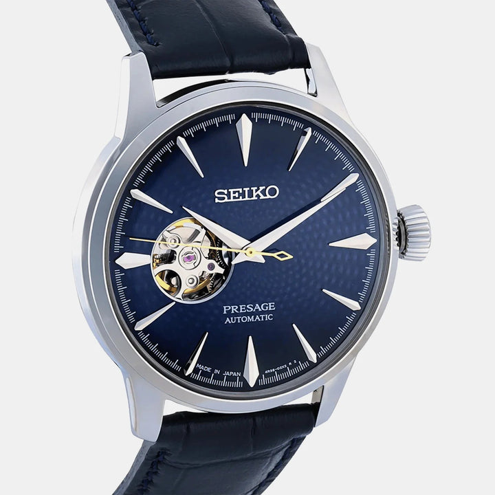 SEIKO PRESAGE COCKTAIL TIME BLUE MOON OPEN HEART AUTOMATIC WATCH – 40.5MM BLUE DIAL LEATHER STRAP