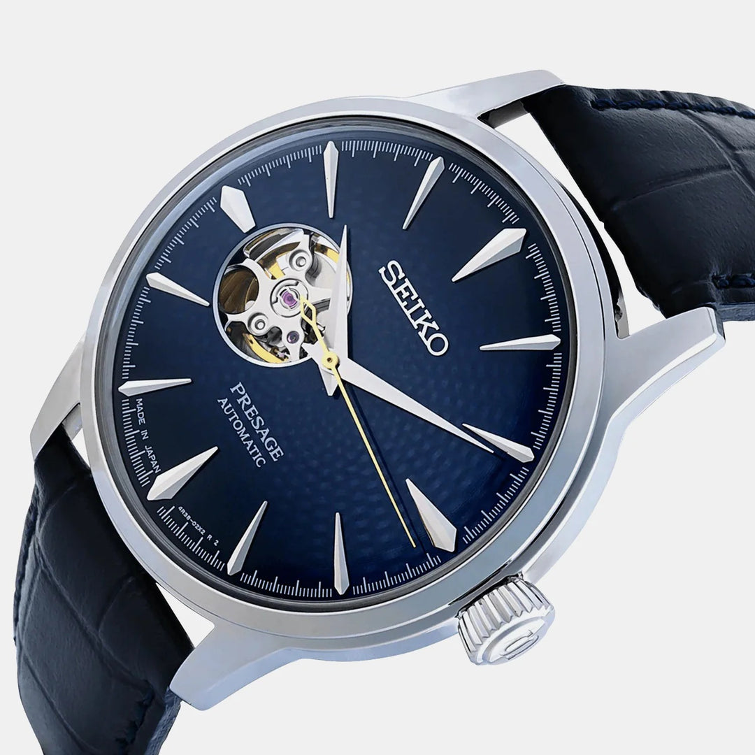 SEIKO PRESAGE COCKTAIL TIME BLUE MOON OPEN HEART AUTOMATIC WATCH – 40.5MM BLUE DIAL LEATHER STRAP
