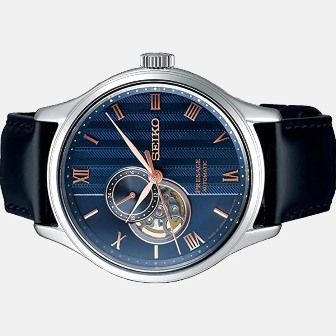 SEIKO PRESAGE ZEN GARDEN SAKURA BY NIGHT OPEN HEART AUTOMATIC WATCH – 41.8MM BLUE DIAL SAPPHIRE CRYSTAL LEATHER STRAP