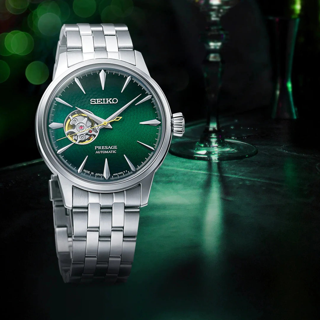 SEIKO PRESAGE COCKTAIL TIME GRASSHOPPER OPEN HEART AUTOMATIC WATCH – 40.5MM GREEN DIAL STEEL BRACELET
