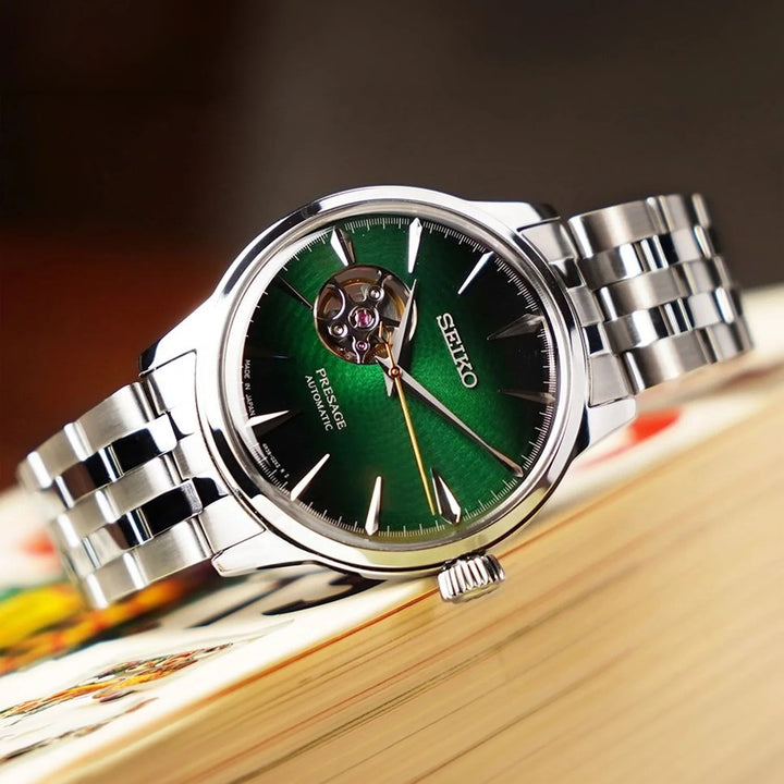 SEIKO PRESAGE COCKTAIL TIME GRASSHOPPER OPEN HEART AUTOMATIC WATCH – 40.5MM GREEN DIAL STEEL BRACELET