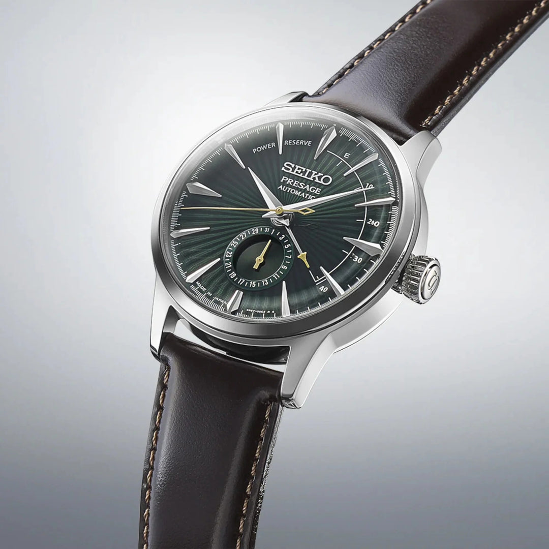 SEIKO PRESAGE COCKTAIL TIME MIDNIGHT MOCKINGBIRD AUTOMATIC WATCH – 40.5MM DEEP GREEN SUNRAY DIAL POWER RESERVE LEATHER STRAP
