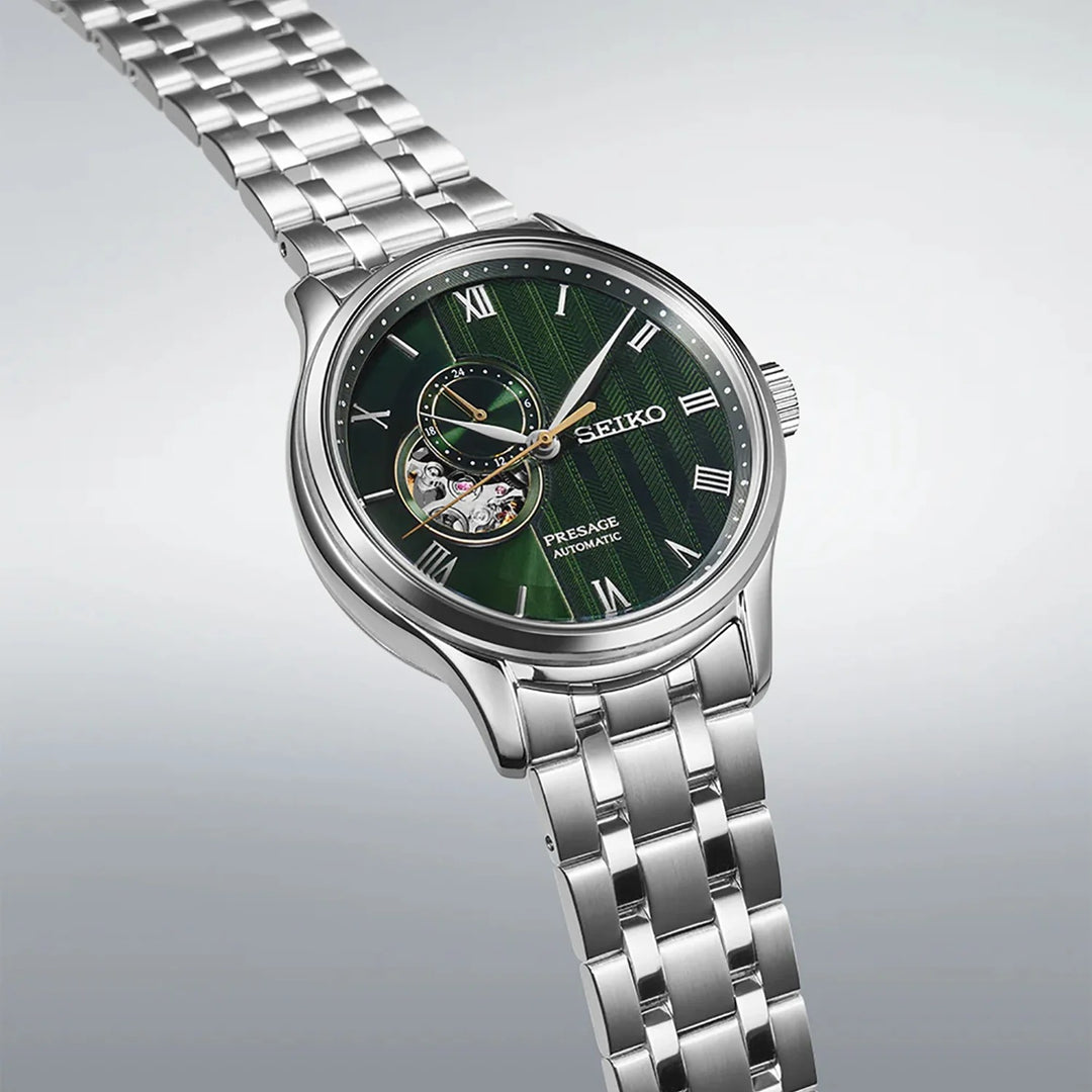 SEIKO PRESAGE ZEN GARDEN OPEN HEART AUTOMATIC WATCH – 41.8MM FERN GREEN KARESANSUI DIAL SAPPHIRE CRYSTAL STEEL BRACELET