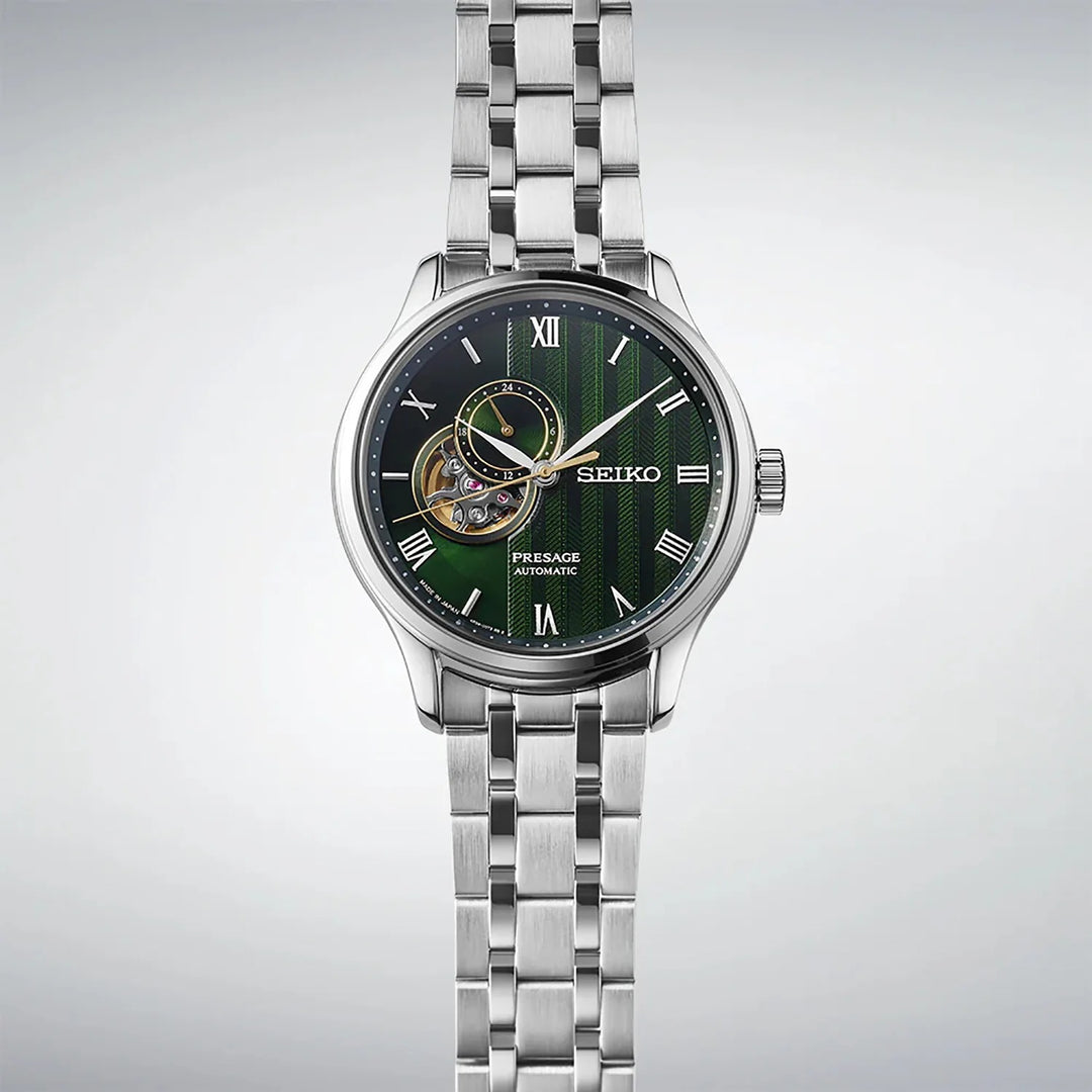 SEIKO PRESAGE ZEN GARDEN OPEN HEART AUTOMATIC WATCH – 41.8MM FERN GREEN KARESANSUI DIAL SAPPHIRE CRYSTAL STEEL BRACELET