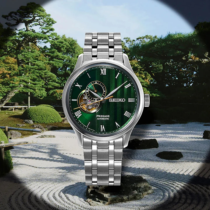 SEIKO PRESAGE ZEN GARDEN OPEN HEART AUTOMATIC WATCH – 41.8MM FERN GREEN KARESANSUI DIAL SAPPHIRE CRYSTAL STEEL BRACELET