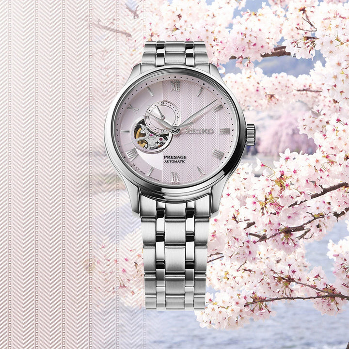 SEIKO PRESAGE ZEN GARDEN KYOTO CHERRY BLOSSOM OPEN HEART AUTOMATIC WATCH – 41.8MM PALE PINK KARESANSUI DIAL SAPPHIRE CRYSTAL STEEL BRACELET