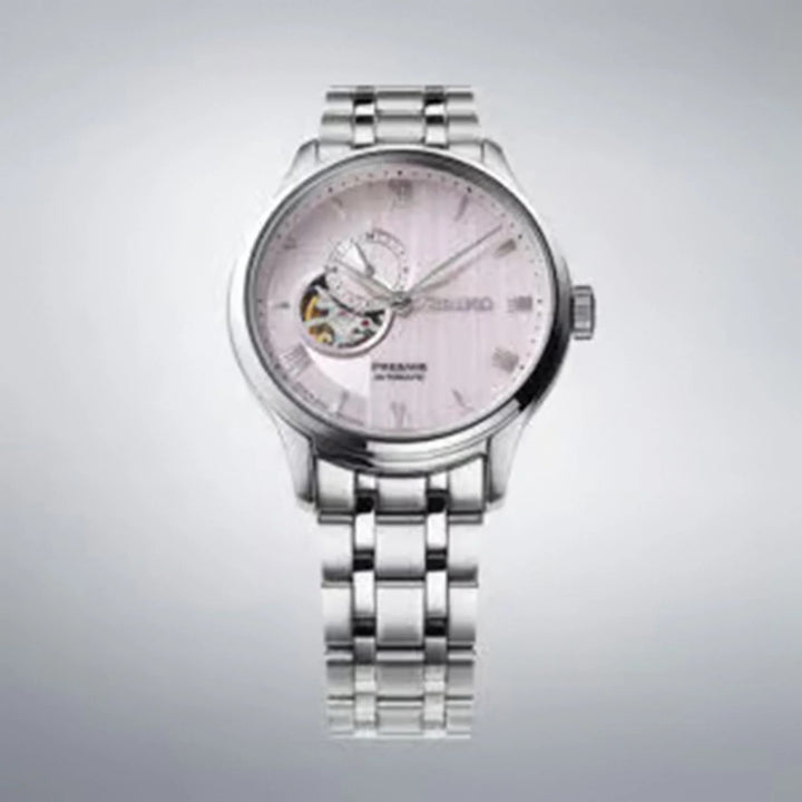SEIKO PRESAGE ZEN GARDEN KYOTO CHERRY BLOSSOM OPEN HEART AUTOMATIC WATCH – 41.8MM PALE PINK KARESANSUI DIAL SAPPHIRE CRYSTAL STEEL BRACELET