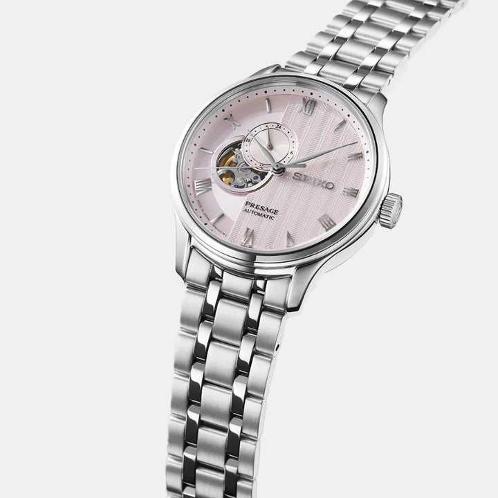 SEIKO PRESAGE ZEN GARDEN KYOTO CHERRY BLOSSOM OPEN HEART AUTOMATIC WATCH – 41.8MM PALE PINK KARESANSUI DIAL SAPPHIRE CRYSTAL STEEL BRACELET