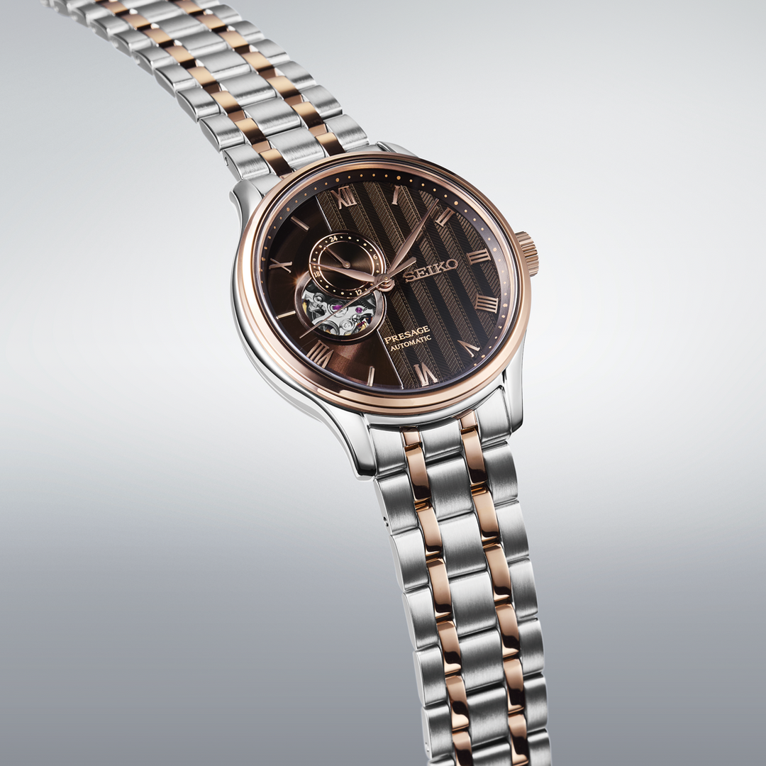 SEIKO PRESAGE ZEN GARDEN KYOTO AUTUMN LEAVES OPEN HEART AUTOMATIC WATCH – 41.8MM RICH BROWN KARESANSUI DIAL SAPPHIRE CRYSTAL STEEL BRACELET