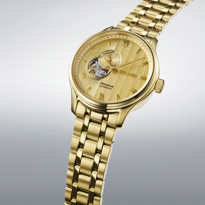 SEIKO PRESAGE ZEN GARDEN KYOTO GOLDEN AGE OPEN HEART AUTOMATIC WATCH – 41.8MM GOLD KARESANSUI DIAL SAPPHIRE CRYSTAL GOLD-TONE STEEL BRACELET
