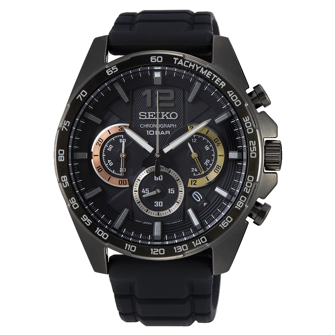 SEIKO CONCEPTUAL CHRONOGRAPH QUARTZ WATCH – 44MM BLACK MATTE DIAL TACHYMETER BEZEL SILICONE STRAP