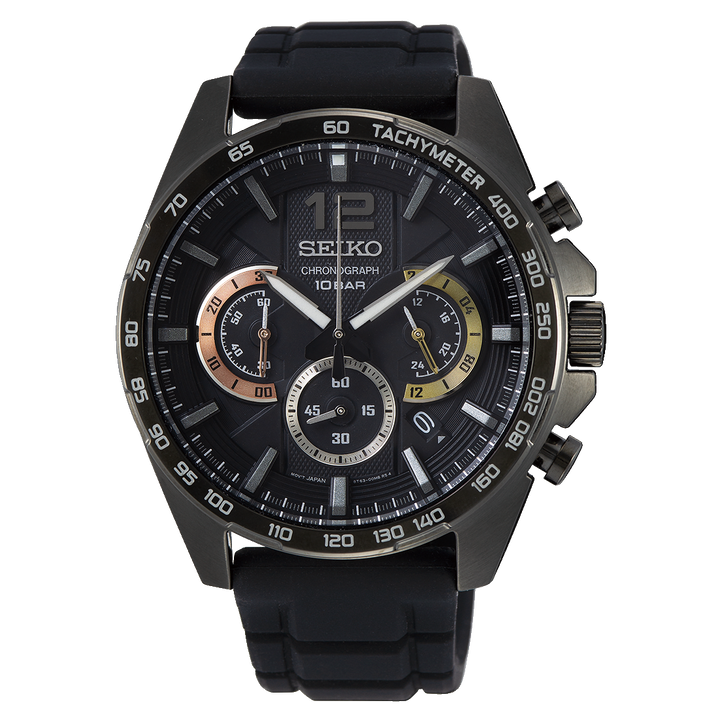 SEIKO CONCEPTUAL CHRONOGRAPH QUARTZ WATCH – 44MM BLACK MATTE DIAL TACHYMETER BEZEL SILICONE STRAP
