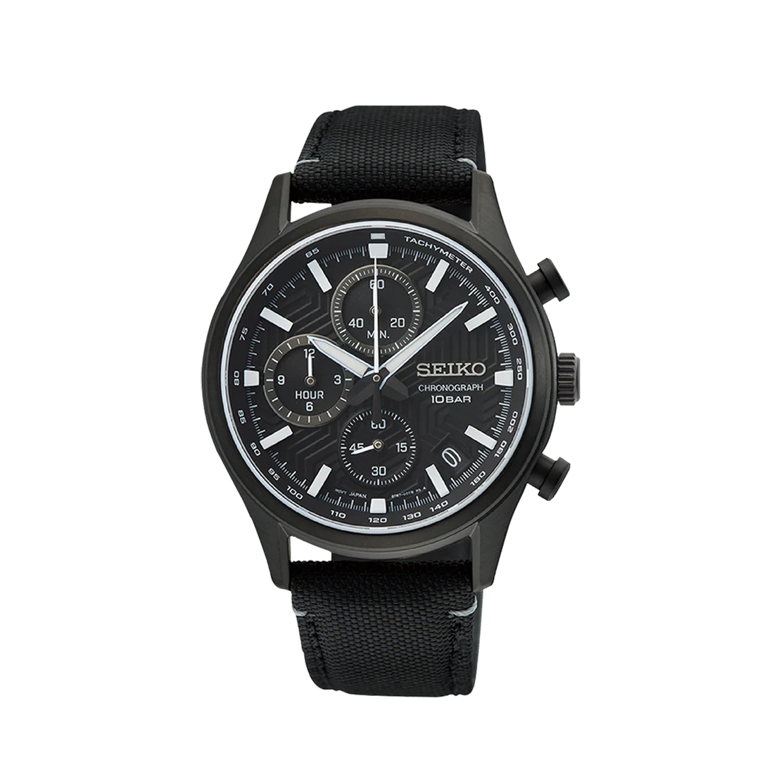 SEIKO DRESS CHRONOGRAPH QUARTZ WATCH – 39.5MM BLACK DIAL SAPPHIRE CRYSTAL 12-HOUR CHRONO NYLON STRAP