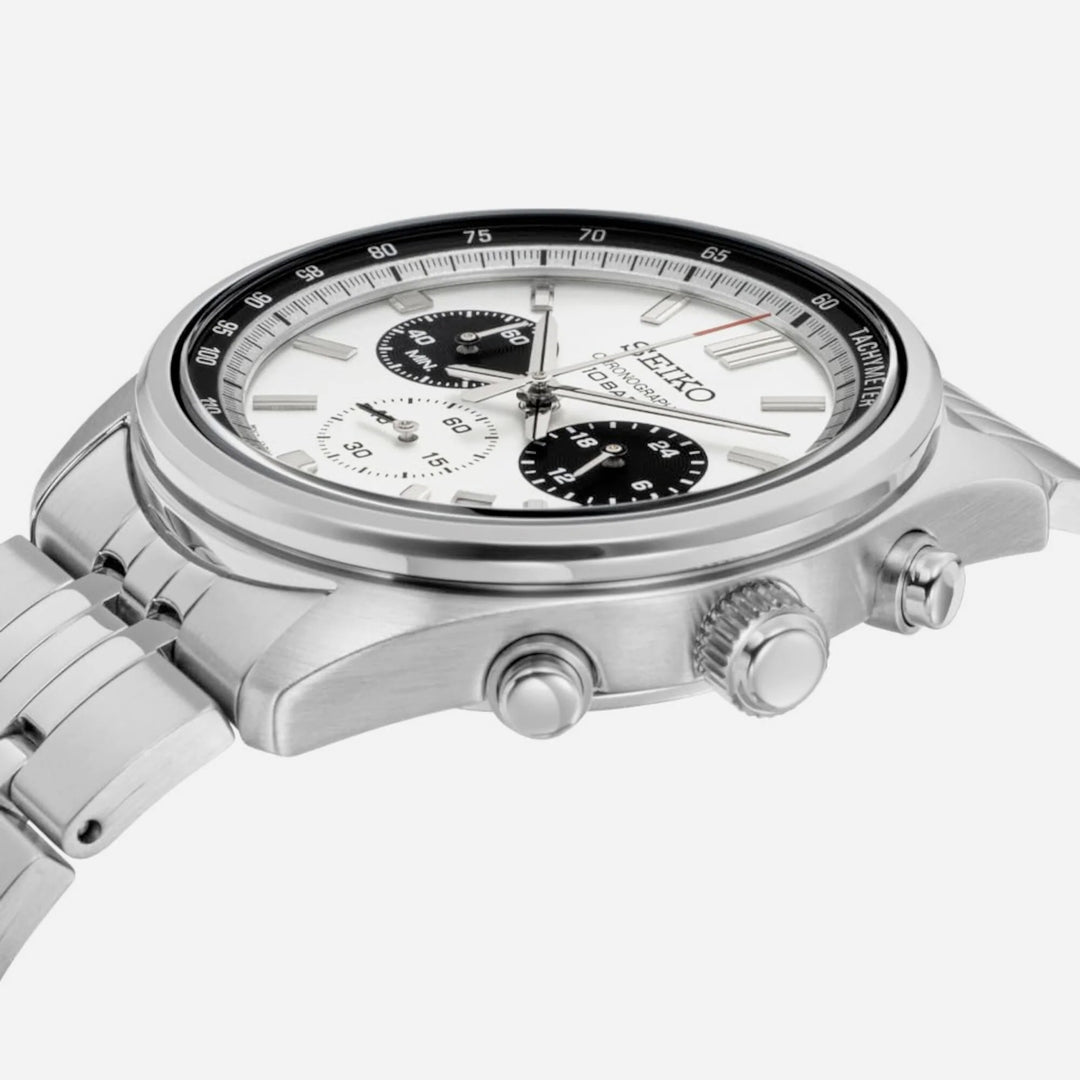 SEIKO MOTORSPORTS PANDA CHRONOGRAPH QUARTZ WATCH – 41.5MM WHITE SILVER PANDA DIAL STEEL BRACELET