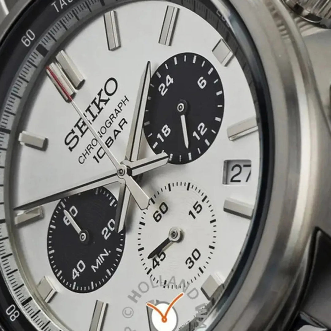 SEIKO MOTORSPORTS PANDA CHRONOGRAPH QUARTZ WATCH – 41.5MM WHITE SILVER PANDA DIAL STEEL BRACELET