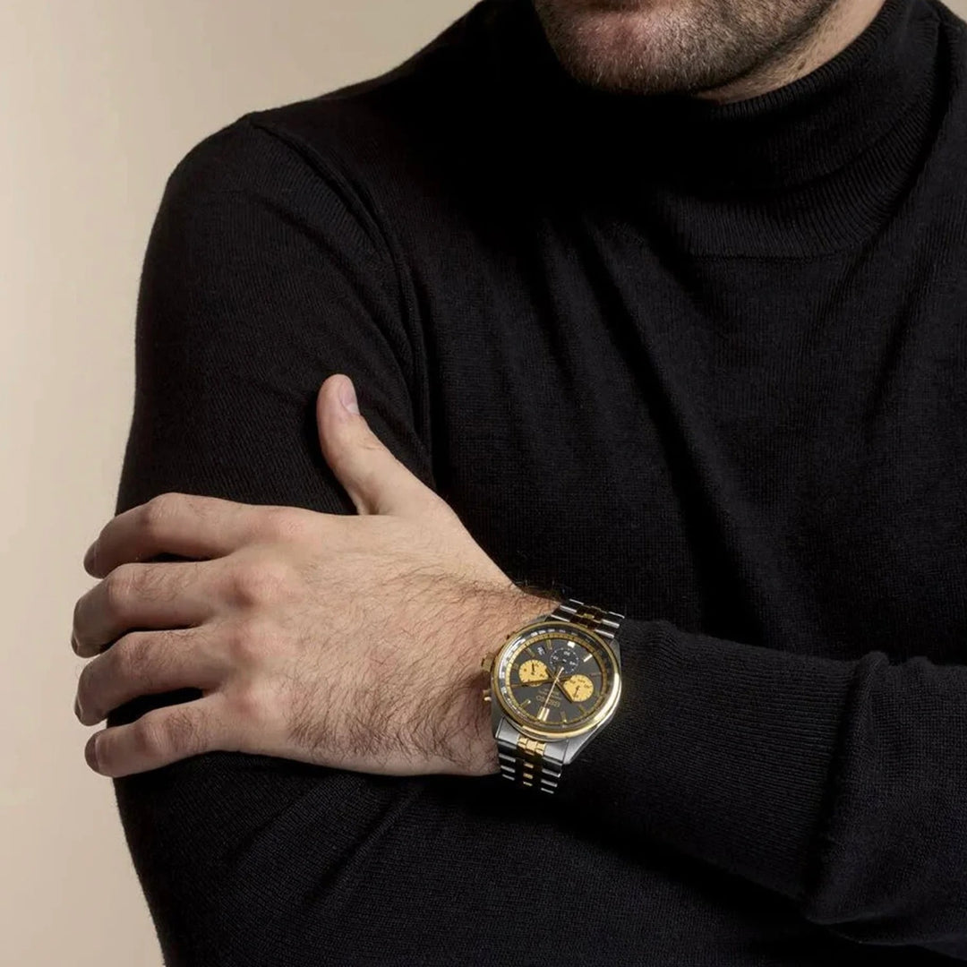 SEIKO TWO-TONE CHRONOGRAPH QUARTZ WATCH – 41.5MM BLACK DIAL GOLD ACCENTS TWO-TONE STEEL BRACELET