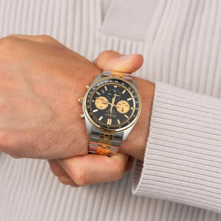 SEIKO TWO-TONE CHRONOGRAPH QUARTZ WATCH – 41.5MM BLACK DIAL GOLD ACCENTS TWO-TONE STEEL BRACELET