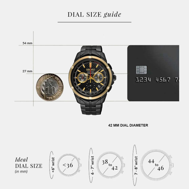 SEIKO COUTURA CHRONOGRAPH QUARTZ WATCH – 42MM BLACK DIAL SAPPHIRE CRYSTAL BLACK PVD STEEL BRACELET