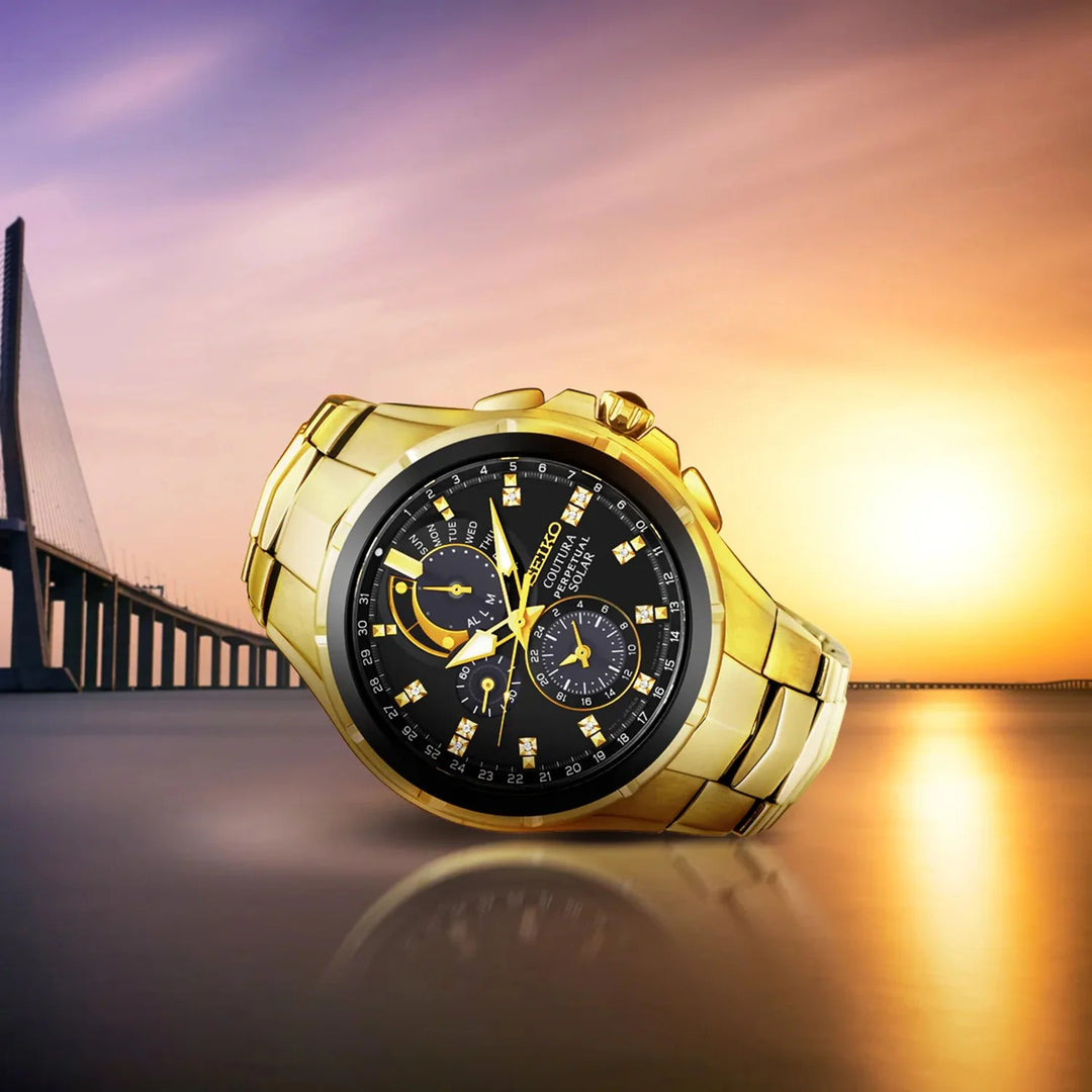 SEIKO COUTURA PERPETUAL SOLAR CHRONOGRAPH WATCH – 44MM BLACK DIAL SAPPHIRE CRYSTAL STEEL BRACELET