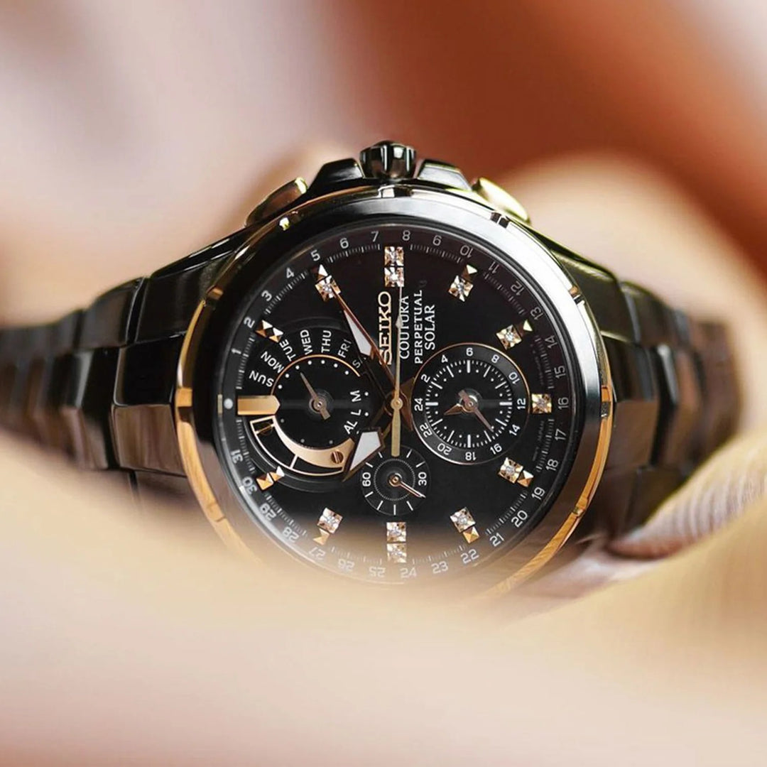 SEIKO COUTURA PERPETUAL SOLAR CHRONOGRAPH WATCH – 44MM BLACK DIAL DIAMOND MARKERS SAPPHIRE CRYSTAL BLACK PVD STEEL BRACELET