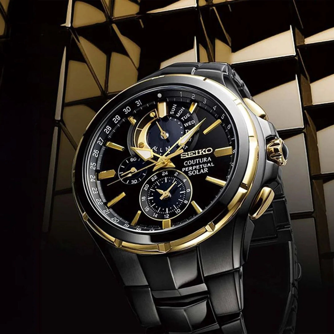 SEIKO COUTURA PERPETUAL SOLAR CHRONOGRAPH WATCH – 44MM BLACK DIAL DIAMOND MARKERS SAPPHIRE CRYSTAL BLACK PVD STEEL BRACELET