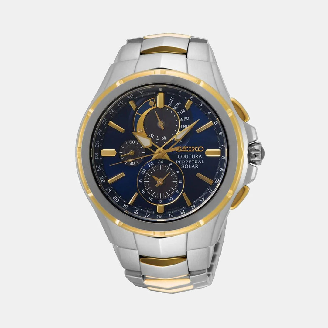 SEIKO COUTURA PERPETUAL SOLAR CHRONOGRAPH WATCH – 44MM BLUE SUNRAY DIAL SAPPHIRE CRYSTAL GOLD TONE STEEL BRACELET