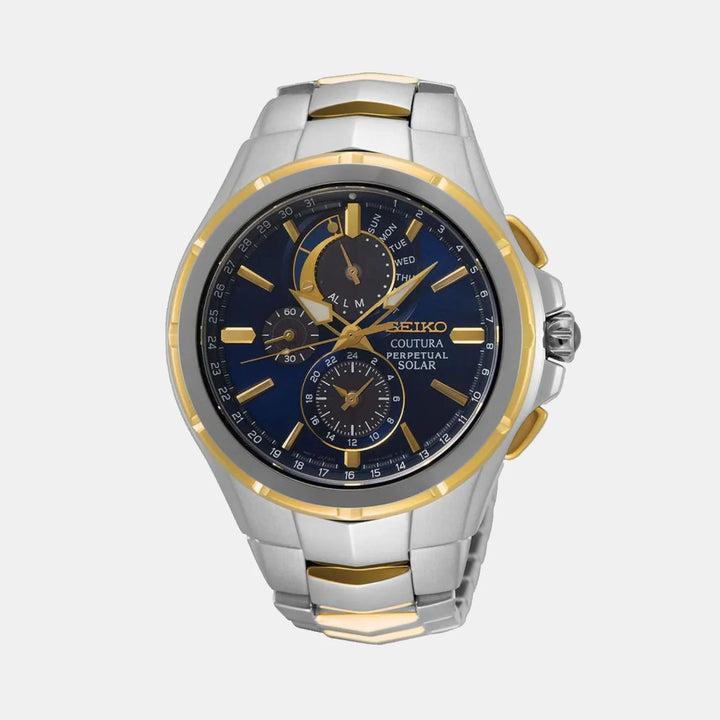 SEIKO COUTURA PERPETUAL SOLAR CHRONOGRAPH WATCH – 44MM BLUE SUNRAY DIAL SAPPHIRE CRYSTAL GOLD TONE STEEL BRACELET