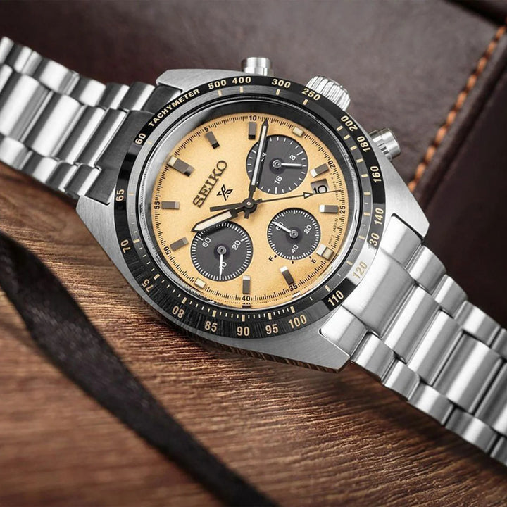 SEIKO PROSPEX SPEEDTIMER 1969 HERITAGE SOLAR CHRONOGRAPH WATCH – 39MM CREAM DIAL SAPPHIRE CRYSTAL STEEL BRACELET