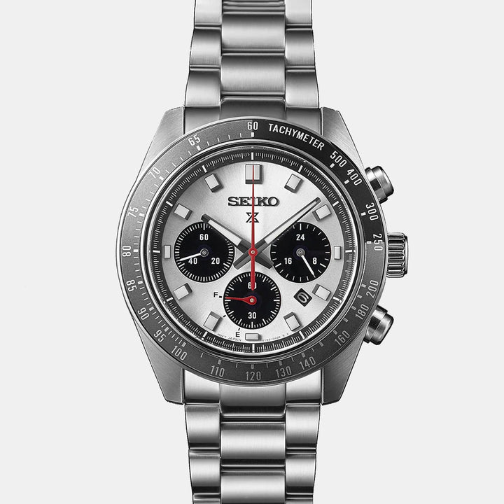 SEIKO PROSPEX SPEEDTIMER GO LARGE SOLAR CHRONOGRAPH WATCH – 41.4MM SILVER WHITE DIAL SAPPHIRE CRYSTAL STEEL BRACELET
