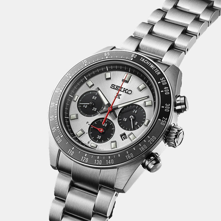 SEIKO PROSPEX SPEEDTIMER GO LARGE SOLAR CHRONOGRAPH WATCH – 41.4MM SILVER WHITE DIAL SAPPHIRE CRYSTAL STEEL BRACELET