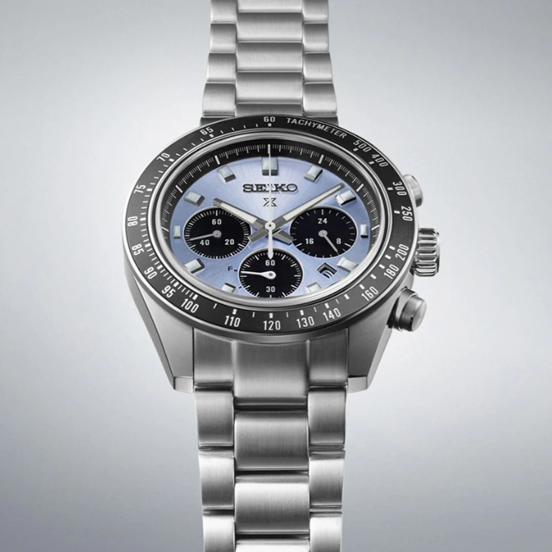 SEIKO PROSPEX SPEEDTIMER CRYSTAL TROPHY SOLAR CHRONOGRAPH WATCH – 41.4MM PALE BLUE TRANSPARENT DIAL SAPPHIRE CRYSTAL STEEL BRACELET