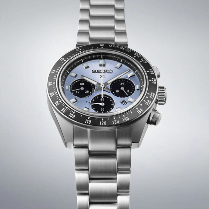 SEIKO PROSPEX SPEEDTIMER CRYSTAL TROPHY SOLAR CHRONOGRAPH WATCH – 41.4MM PALE BLUE TRANSPARENT DIAL SAPPHIRE CRYSTAL STEEL BRACELET
