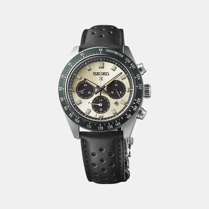 SEIKO PROSPEX SPEEDTIMER RACING SPORTS SOLAR CHRONOGRAPH WATCH – 41.4MM CREAM DIAL SAPPHIRE CRYSTAL PERFORATED LEATHER STRAP