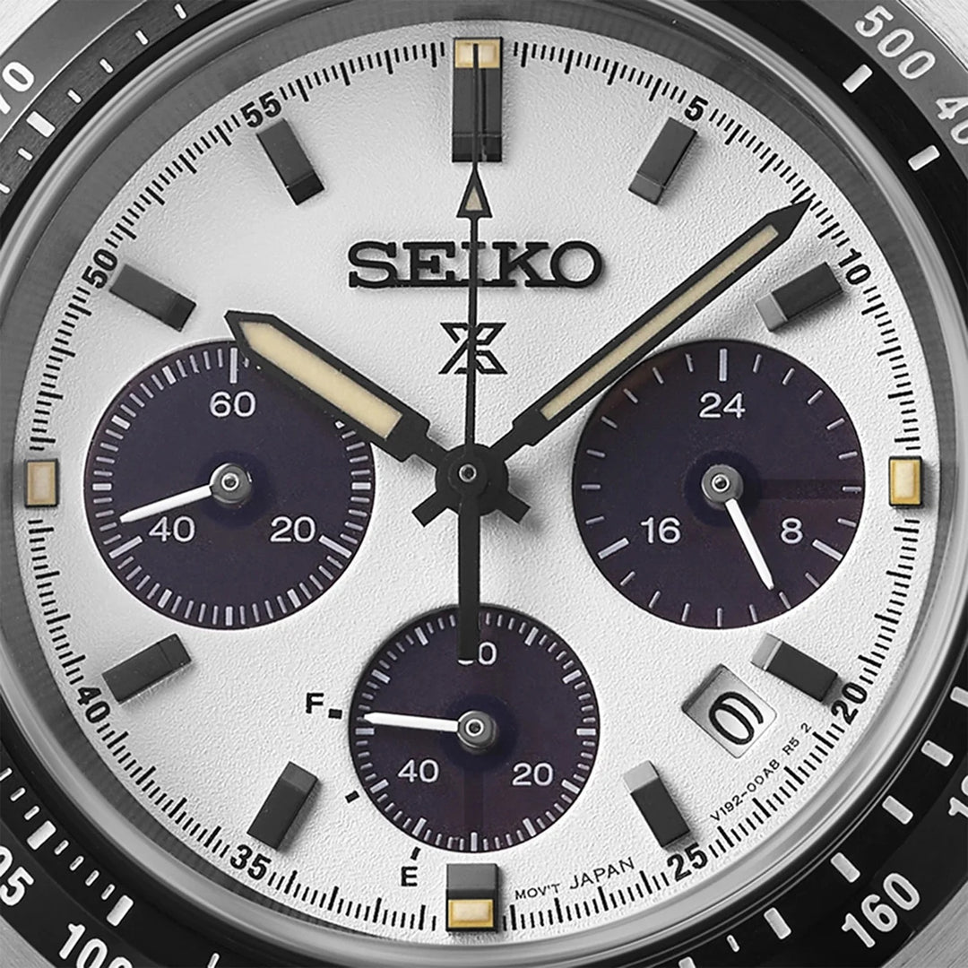 SEIKO PROSPEX SPEEDTIMER YOUNGTIMER SOLAR CHRONOGRAPH WATCH – 39MM WHITE PANDA DIAL SAPPHIRE CRYSTAL STEEL BRACELET