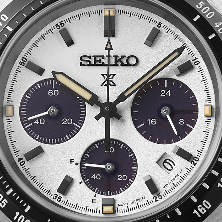 SEIKO PROSPEX SPEEDTIMER YOUNGTIMER SOLAR CHRONOGRAPH WATCH – 39MM WHITE PANDA DIAL SAPPHIRE CRYSTAL STEEL BRACELET