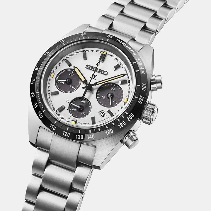 SEIKO PROSPEX SPEEDTIMER YOUNGTIMER SOLAR CHRONOGRAPH WATCH – 39MM WHITE PANDA DIAL SAPPHIRE CRYSTAL STEEL BRACELET