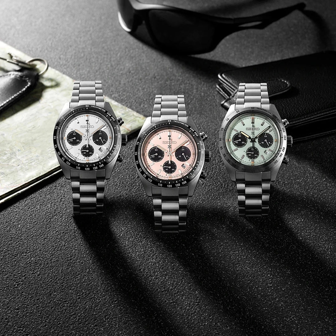 SEIKO PROSPEX SPEEDTIMER YOUNGTIMER SOLAR CHRONOGRAPH WATCH – 39MM WHITE PANDA DIAL SAPPHIRE CRYSTAL STEEL BRACELET