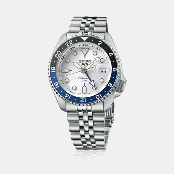 SEIKO 5 SPORTS SKX SPORTS STYLE GMT AUTOMATIC WATCH – 42.5MM SILVER WHITE DIAL BLUE GMT HAND JUBILEE BRACELET
