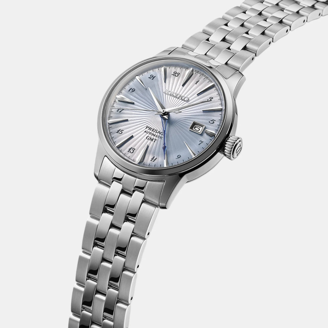 SEIKO PRESAGE COCKTAIL TIME SKYDIVING GMT AUTOMATIC WATCH – 40.5MM LIGHT BLUE SUNRAY DIAL BOX CRYSTAL STEEL BRACELET