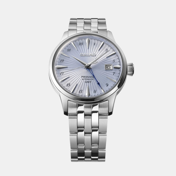SEIKO PRESAGE COCKTAIL TIME SKYDIVING GMT AUTOMATIC WATCH – 40.5MM LIGHT BLUE SUNRAY DIAL BOX CRYSTAL STEEL BRACELET