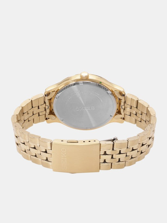 SEIKO NEO CLASSIC QUARTZ WATCH – 41MM WHITE DIAL GOLD-TONE DAUPHINE HANDS GOLD-TONE STEEL BRACELET