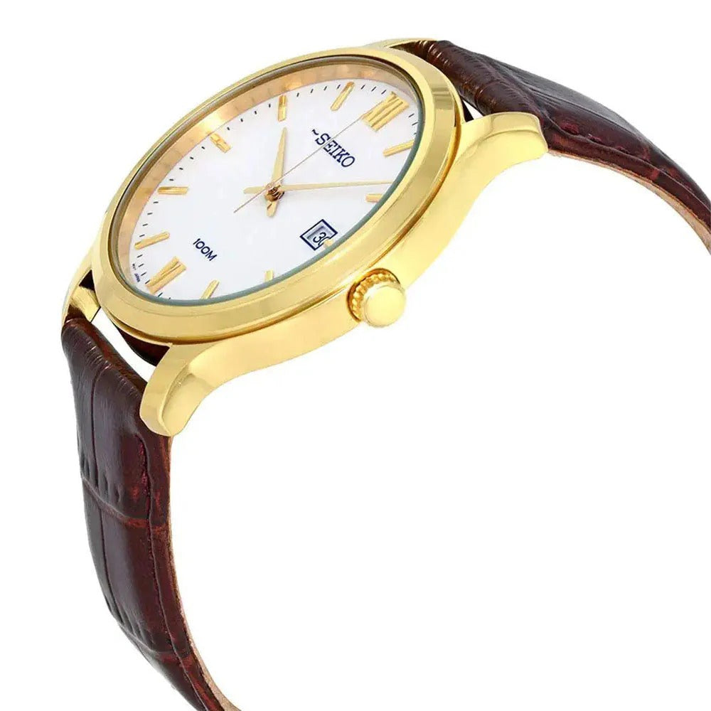 SEIKO NEO CLASSIC QUARTZ WATCH – 41MM WHITE ROMAN NUMERAL DIAL BROWN LEATHER STRAP