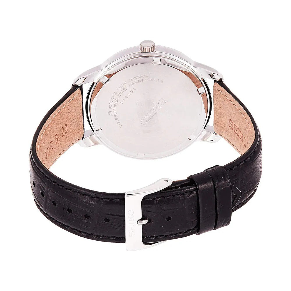 SEIKO NEO CLASSIC QUARTZ WATCH – 41MM SILVER WHITE DIAL APPLIED INDICES BLACK LEATHER STRAP