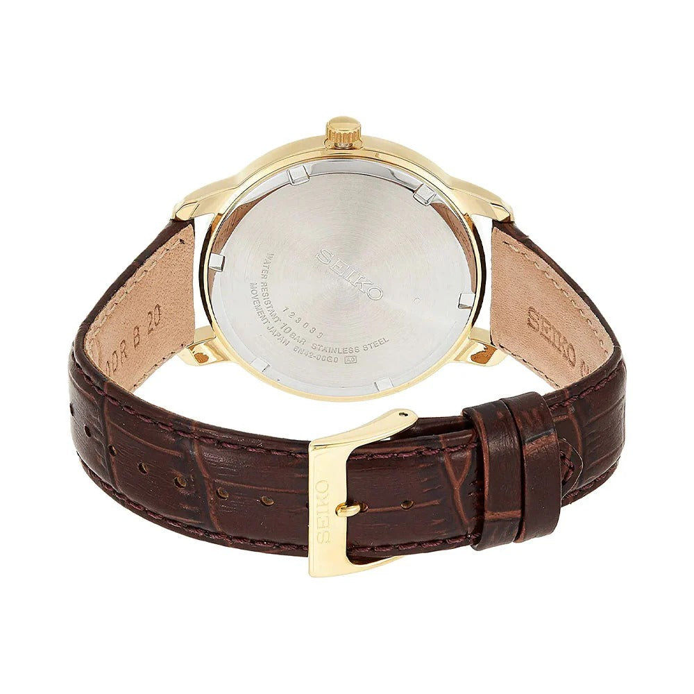 SEIKO NEO CLASSIC QUARTZ WATCH – 41MM SILVER SUNRAY DIAL APPLIED INDICES BROWN LEATHER STRAP