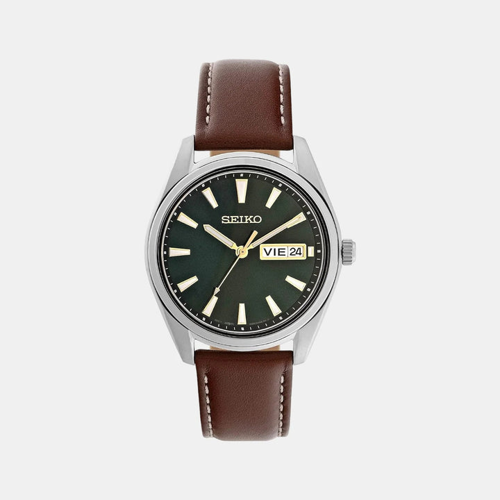 SEIKO DISCOVER MORE DAY-DATE QUARTZ WATCH – 40.2MM GREEN SUNRAY DIAL SAPPHIRE CRYSTAL LEATHER STRAP