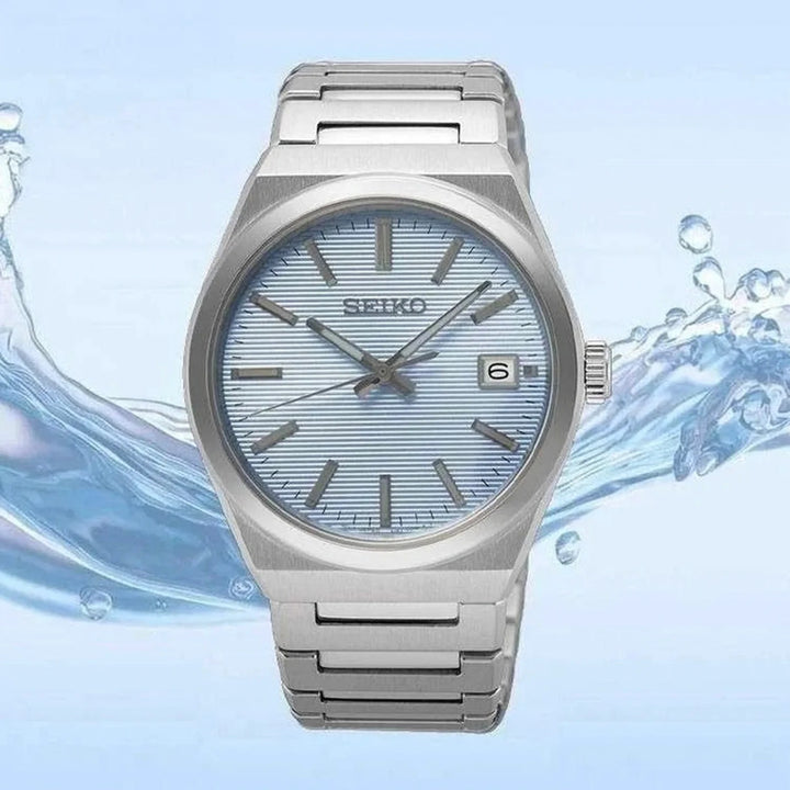 SEIKO DISCOVER MORE QUARTZ WATCH – 38.9MM LIGHT BLUE TEXTURED DIAL SAPPHIRE CRYSTAL STEEL BRACELET