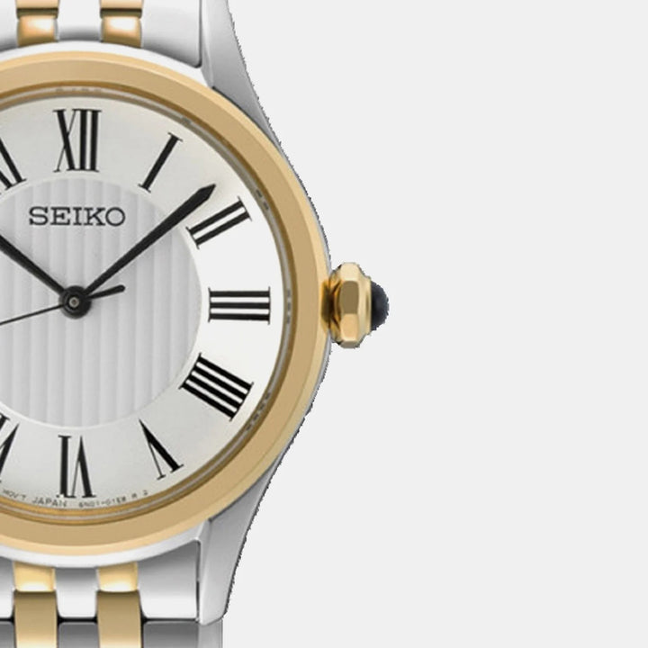 SEIKO LADIES QUARTZ WATCH – 29.6MM WHITE ROMAN NUMERAL DIAL SAPPHIRE CRYSTAL TWO-TONE STEEL BRACELET