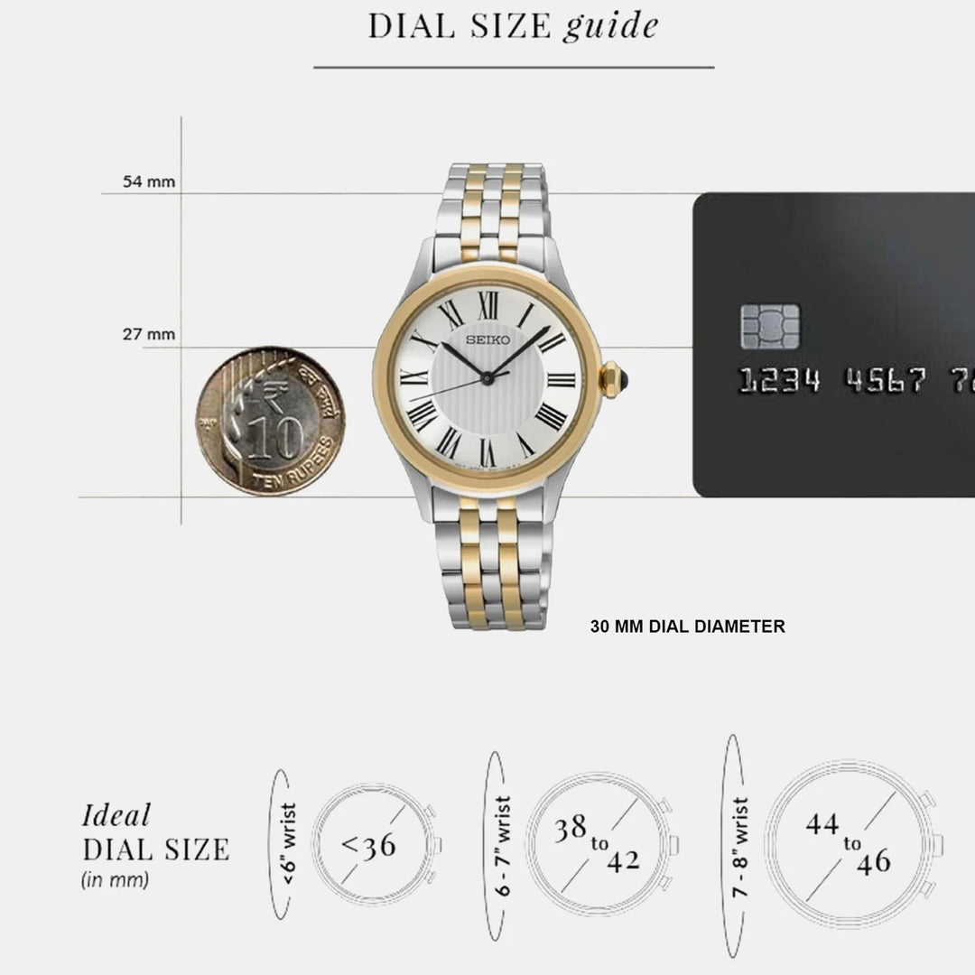 SEIKO LADIES QUARTZ WATCH – 29.6MM WHITE ROMAN NUMERAL DIAL SAPPHIRE CRYSTAL TWO-TONE STEEL BRACELET